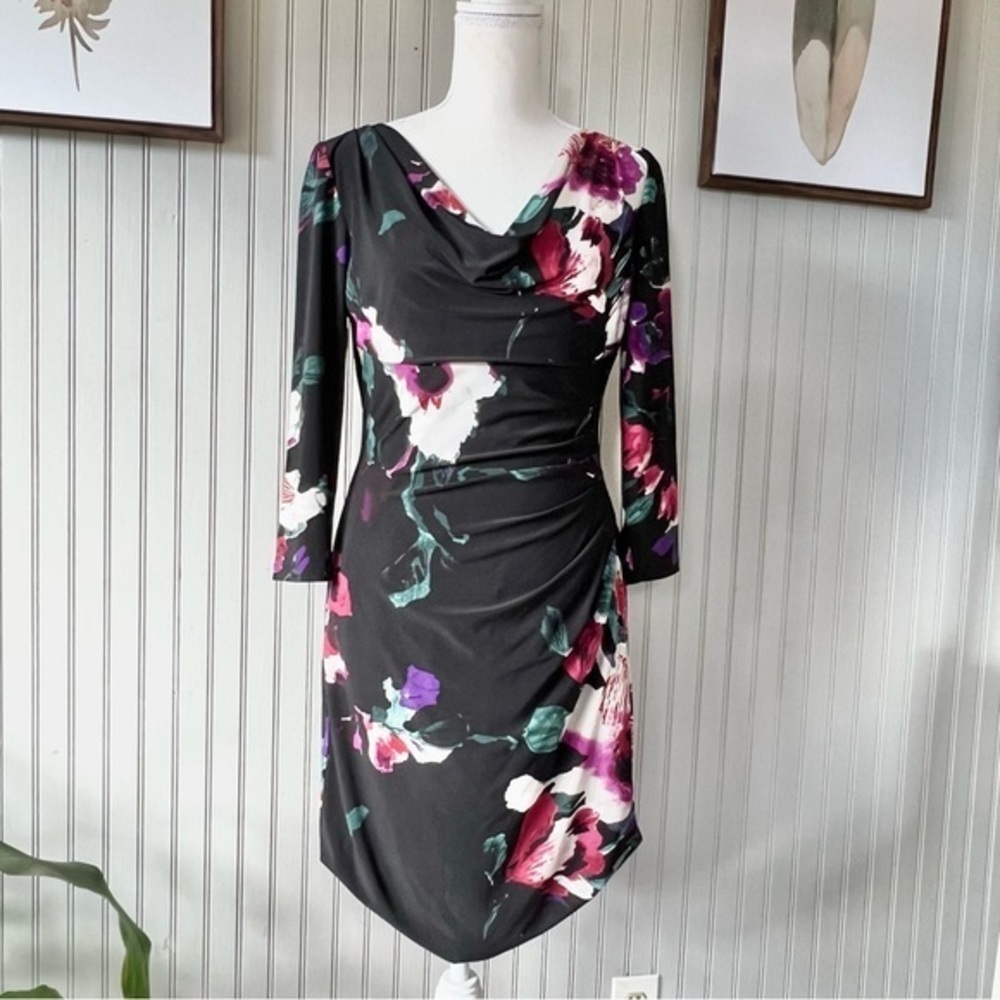 Ralph Lauren Cowl Neck Floral Print Black Fitted Mid Length Dress Woman’s Small